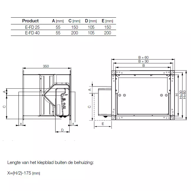 Brandschutzklappe rechteckig Handbetrieb - E-FD25 200x200 R