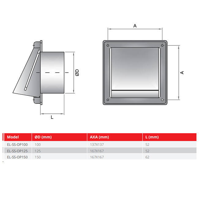 Edelstahl-Frontgitter 100 mm mit Rückschlagklappe für hohen Einlass - EL-SS-BD100 SS