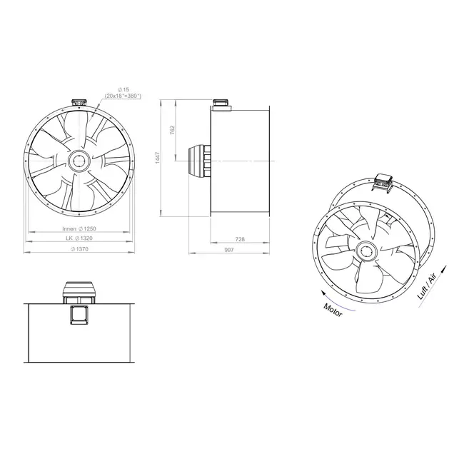 Axial 1250 mm Kanalventilator Abgas F300- AL 1250 D6 F3 03 CFG
