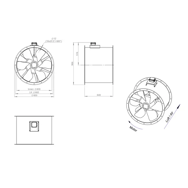 Axialer 800-mm-Kanalventilator Abgas F300- AL 800 D4 F3 02 CFG