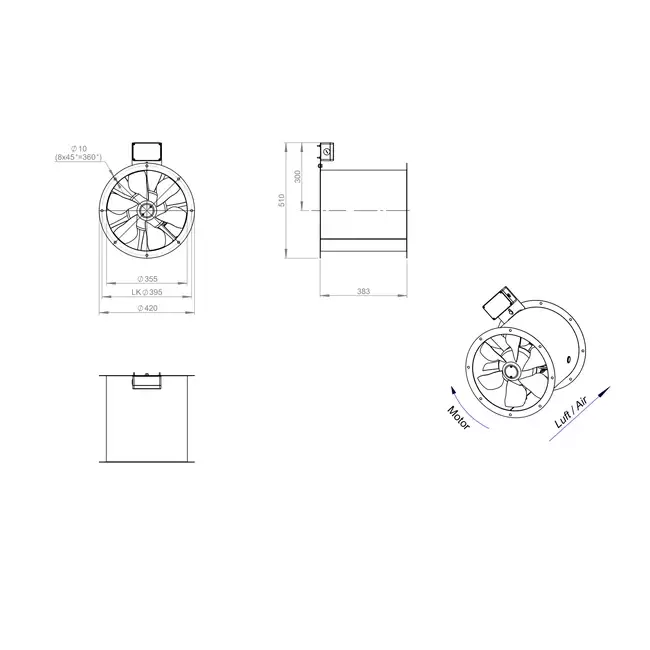Axialer 355-mm-Rauchgasventilator F400 - AL 355 D42U F4 01 CFG