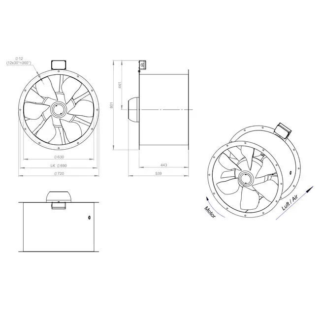 Axialer 630-mm-Rauchgasventilator F400 - AL 630 D84U F4 01 CFG