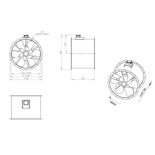 Axialer 800-mm-Kanalventilator Rauchgas F400 - AL 800 D4 F4 04 CFG