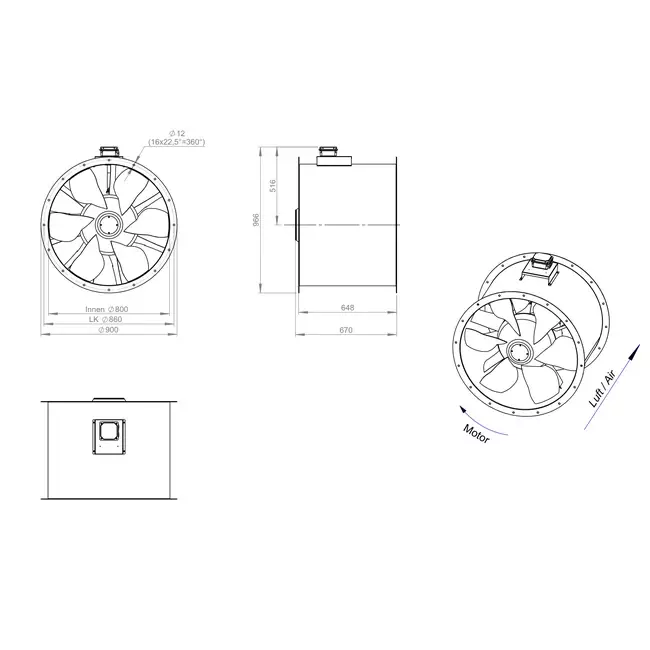 Axialer 800-mm-Kanalventilator Abgas F400 - AL 800 D6 F4 03 CFG