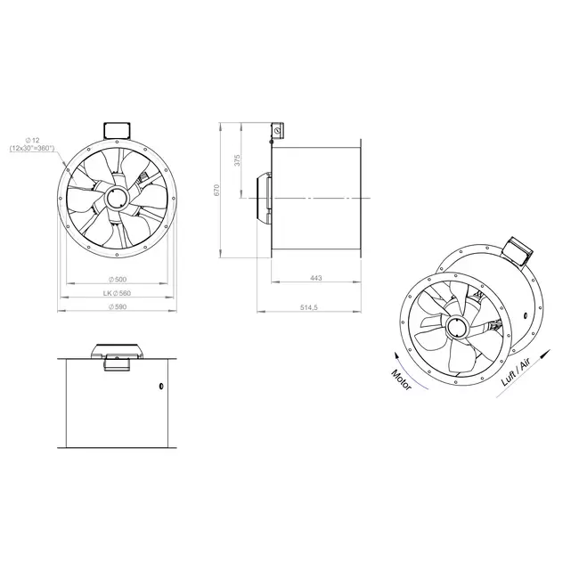 Axialer 500-mm-Rauchgasventilator F400 - AL 500 D42U F4 01 CFG