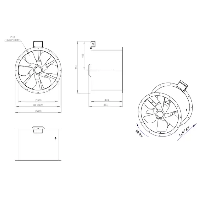 Axialer 560-mm-Rauchgasventilator F400 - AL 560 D4 F4 02 CFG