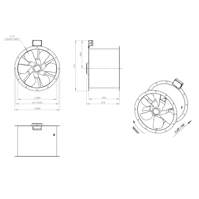 Axialer 560-mm-Rauchgasventilator F400 - AL 560 D84U F4 01 CFG
