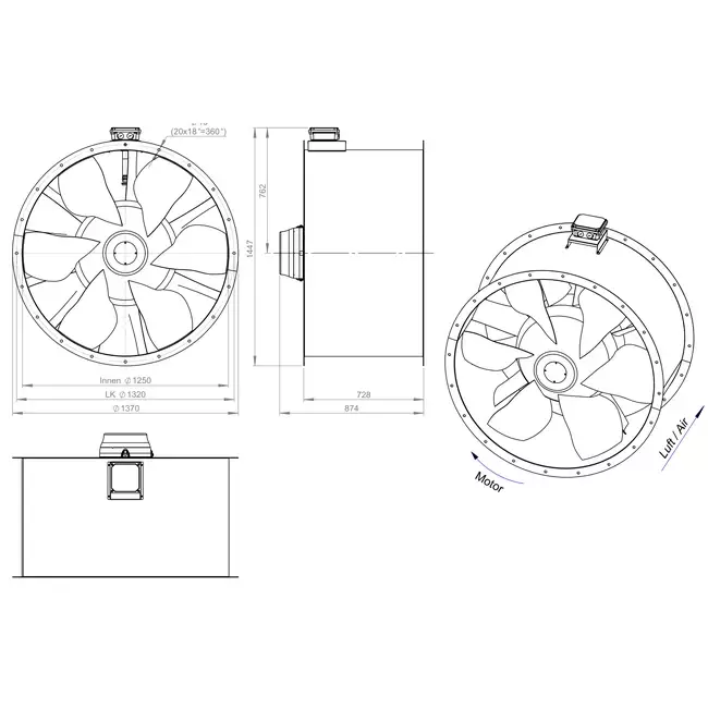Axialer 1250 mm Kanalventilator Abgas F400 - AL 1250 D6 F4 01 CFG