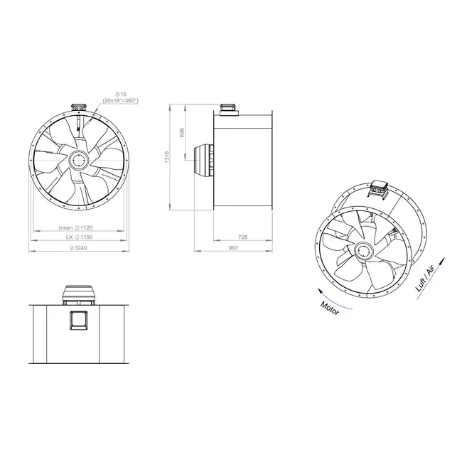 Axialer 1120-mm-Rauchgasventilator F400 - AL 1120 D6 F4 05 CFG