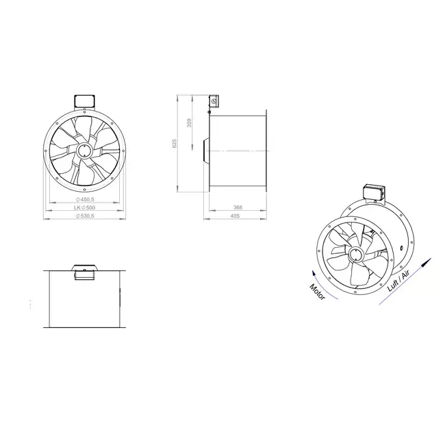 Axialer Kanalventilator 450 mm Abgas F300- AL 450 D2 F3 02 CFG