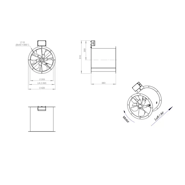 Axialer 355-mm-Rauchgasventilator F300- AL 355 D42U F3 02 CFG