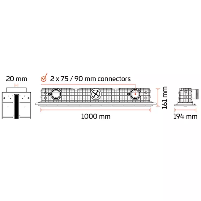 Ergovent verputzbarer rahmenloser Schlitzdurchlass 1000 mm mit Anschlussdurchmesser 90 mm - Profil