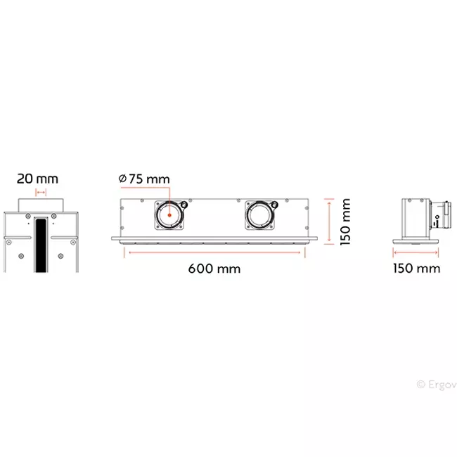 Ergovent verputzbarer rahmenloser Schlitzdurchlass 600 mm mit Anschlussdurchmesser 75 mm - Profil