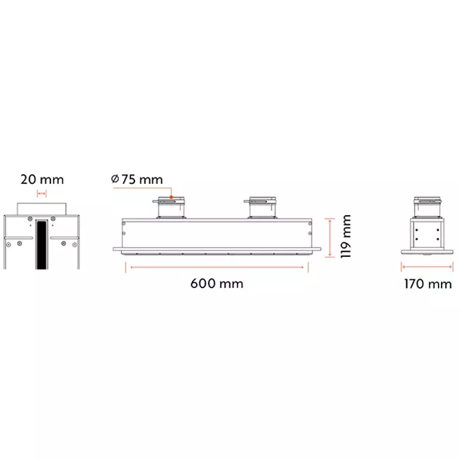 Ergovent verputzbarer rahmenloser Schlitzdurchlass 600 mm mit Anschlussdurchmesser 75 mm - Profil (vertikal)