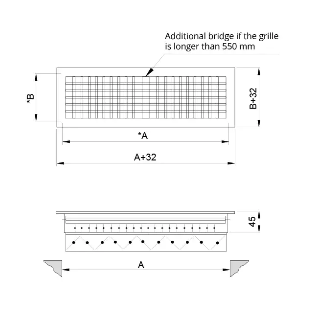 Doppeltes verstellbares Wandgitter aus Aluminium mit Dämpfer - mit Reibungsfedern - 500x100 mm - RAL 9010