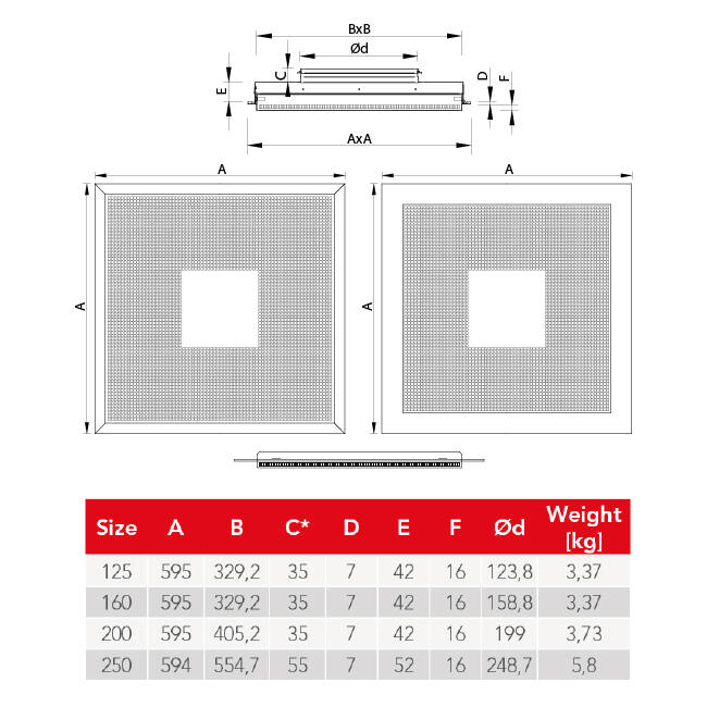 Perforierter Deckenauslass für Zu- und Abluft 595x595 mm - 200 mm - RAL 9010