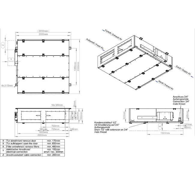 Maxivent WTW-Lüftungsgeräte mit Gegenstromwärmetauscher, 1300 m³/h, horizontal links – PHE 1300 F OOJL
