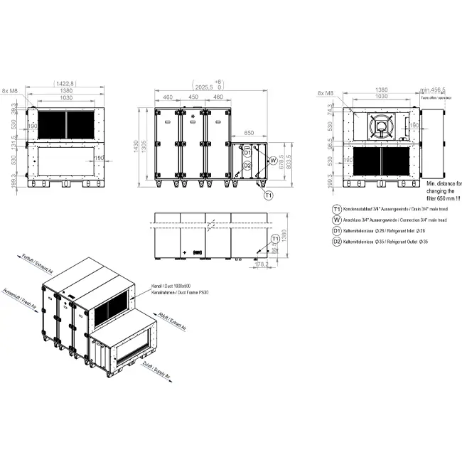 Maxivent WTW-Lüftungsgeräte mit Wärmerad, 12600 m³/h, mit Warmwasser- und Kaltwasserregister, horizontal links – RHE 12600 H WKJL T 01