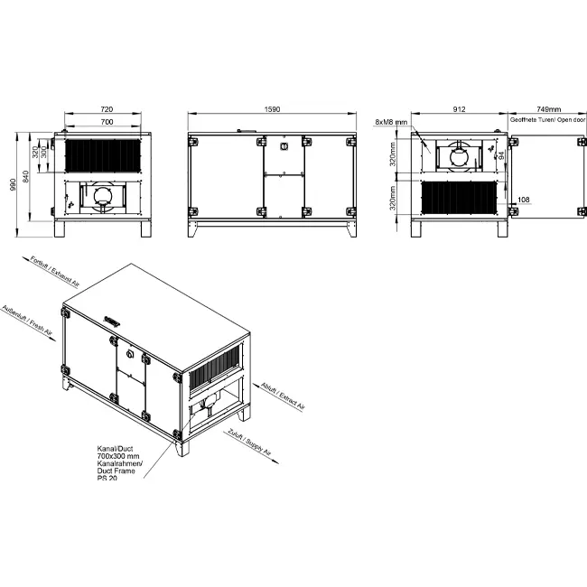 Maxivent WTW-Lüftungsgeräte mit Wärmetauscherrad, 1500 m³/h, horizontal, links – RHE 1500 H OOJL
