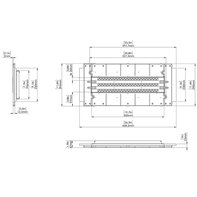 Ergovent-Zwischenstück für modulare, einsteckbare Liniengitter 500 mm – 3 Schlitze