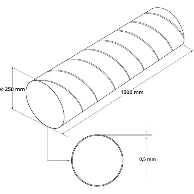 Wickelfalzrohr Durchmesser 250 mm Länge 1,5 Meter - rund verzinkt