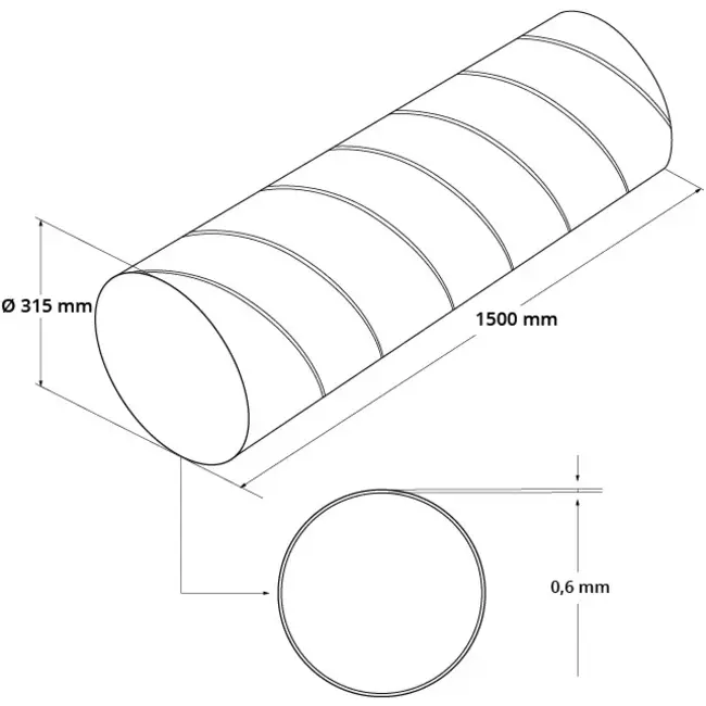 Wickelfalzrohr Durchmesser 315 mm Länge 1,5 Meter - rund verzinkt
