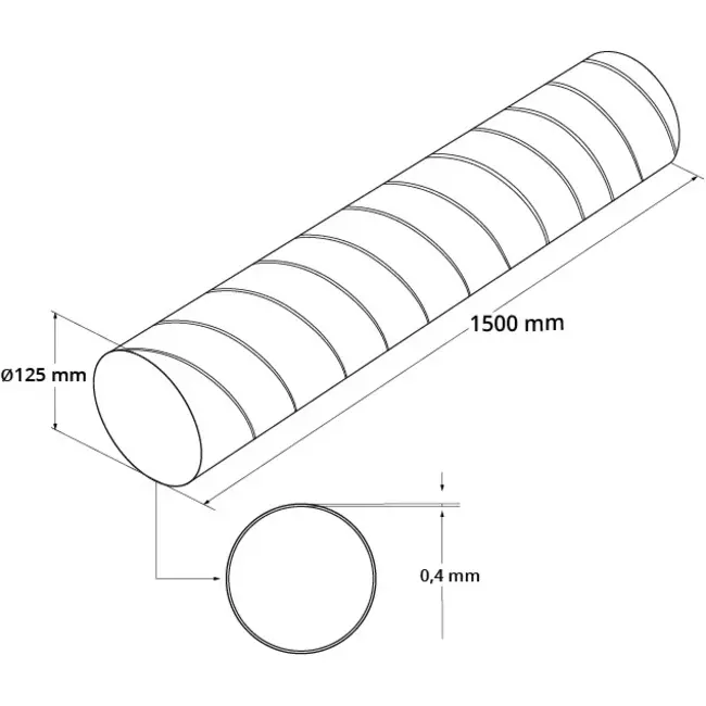 Wickelfalzrohr Ø 125 mm Länge 1,5 Meter - rund verzinkt