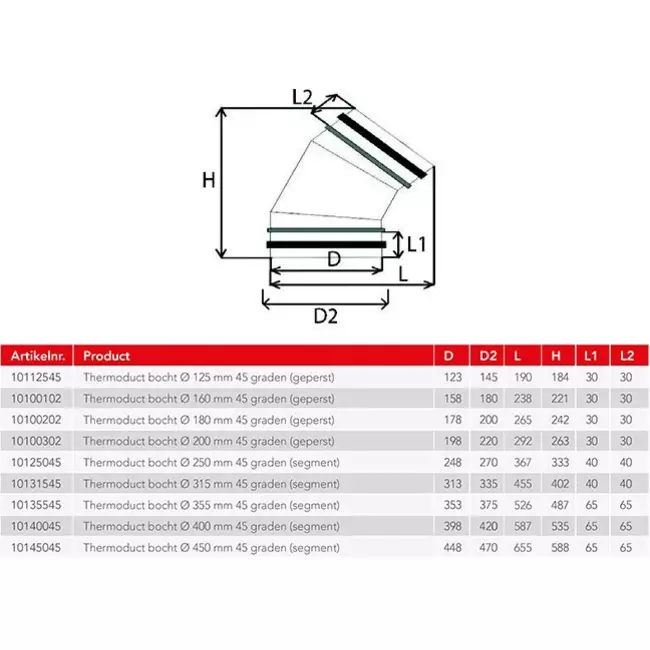 Thermoduct 13mm Bogen 45 Grad isoliert durchmesser 250 mm