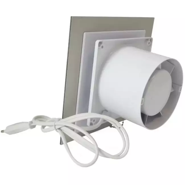 Badlüfter Ø 100 mm mit Zugschnur und Stecker - Glasfront satiniert silber