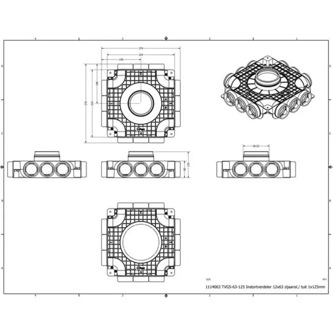 Vent-Axia Uniflexplus zusammengesetzter Verteiler mit seitlichem Anschluss 12 x Ø69mm mit  Tülle Ø160mm