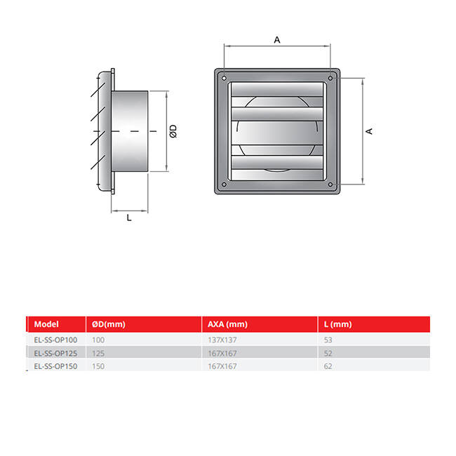Edelstahl-Frontgitter 100mm mit beweglichen Lamellen für hohen Auslass - EL-SS-OP100 SS
