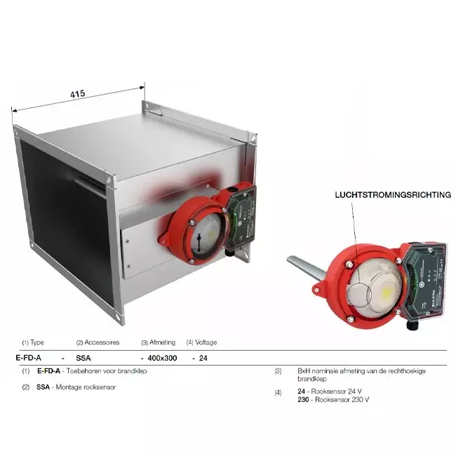Rauchmelder 230V für rechteckige Brandschutzklappe - E-FD A SSA 900x250 230