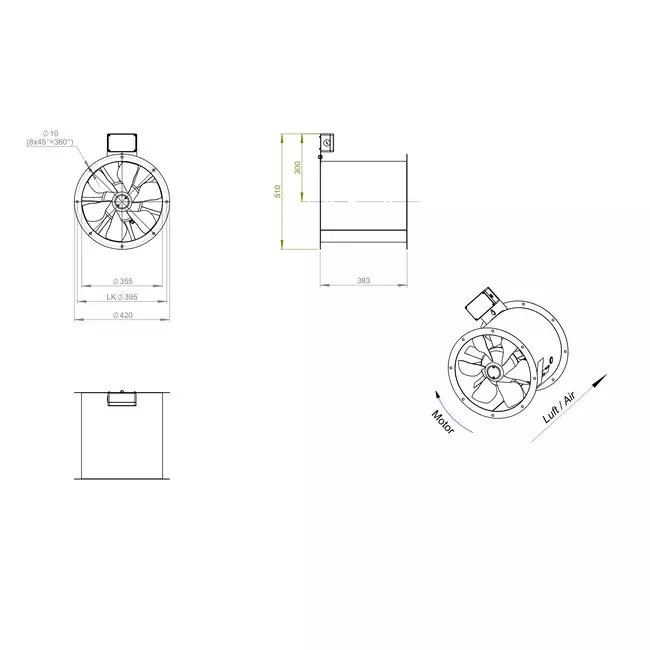 Axialer 355-mm-Rauchgasventilator F300- AL 355 D4 F3 01 CFG