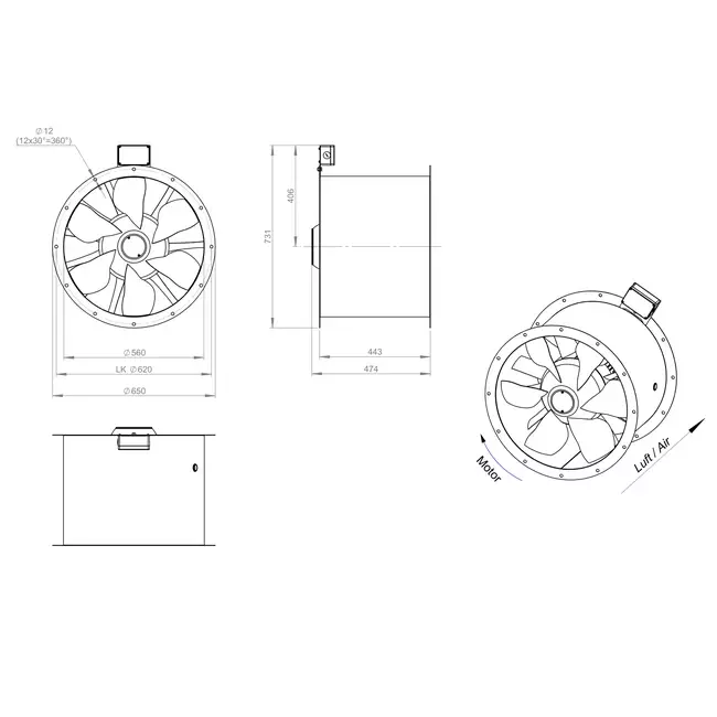 Axialer 560-mm-Rauchgasventilator F300- AL 560 D4 F3 02 CFG