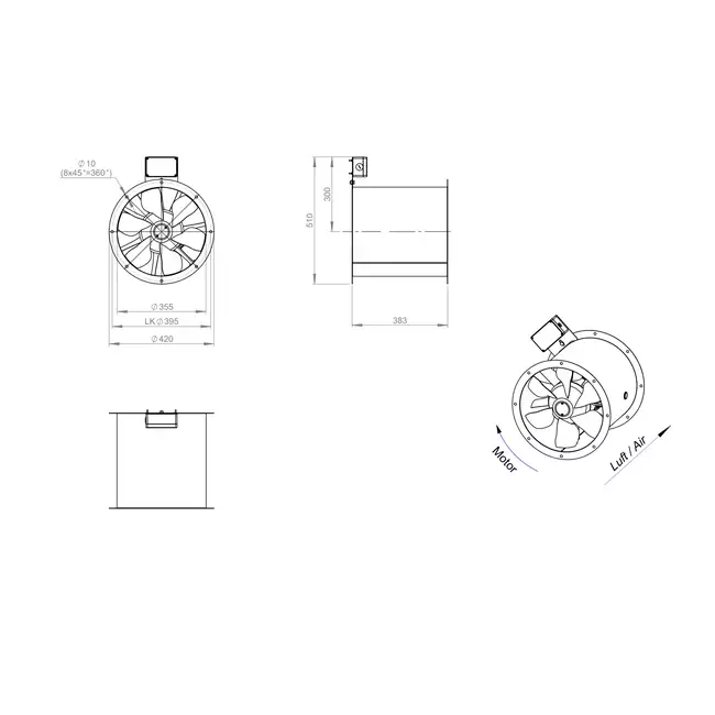 Axialer 355-mm-Rauchgasventilator F400 - AL 355 D42U F4 02 CFG