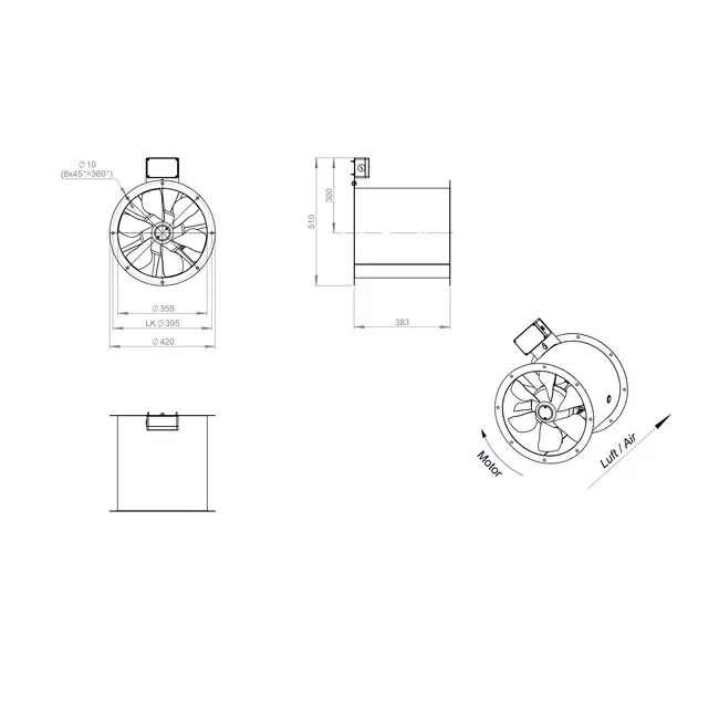 Axialer 355-mm-Rauchgasventilator F300- AL 355 D2 F3 02 CFG