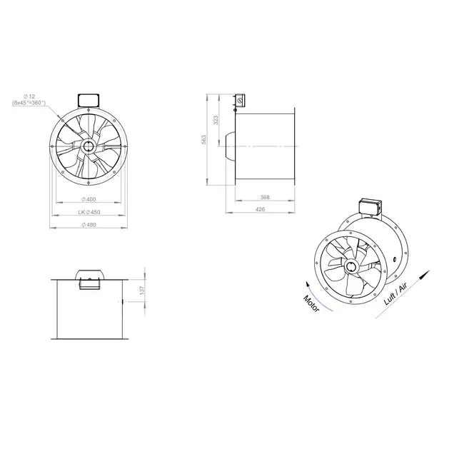 Axialer 400-mm-Rauchgasventilator F300- AL 400 D42U F3 01 CFG