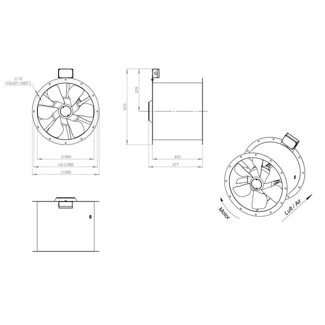 Axialer 500-mm-Rauchgasventilator F400 - AL 500 D2 F4 02 CFG