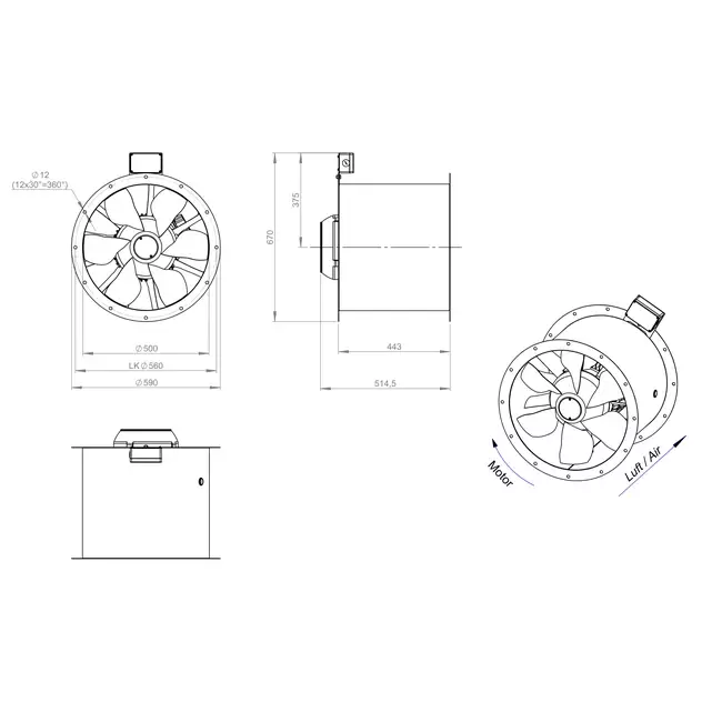 Axialer 500-mm-Rauchgasventilator F400 - AL 500 D2 F4 01 CFG