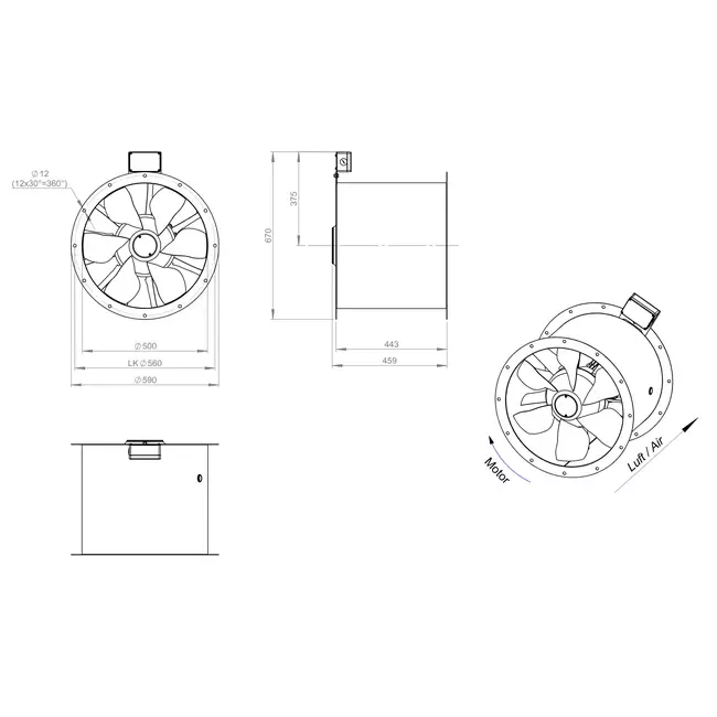 Axialer 500-mm-Rauchgasventilator F300- AL 500 D4 F3 03 CFG