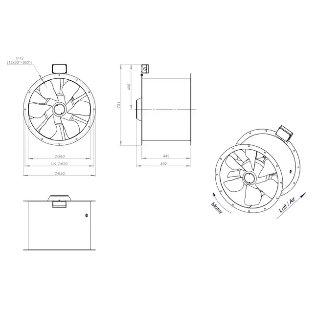 Axialer 560-mm-Rauchgasventilator F400 - AL 560 D4 F4 04 CFG