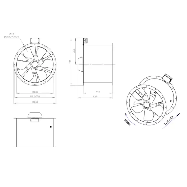 Axiallüfter 560 mm Abgaskanal F400 - AL 560 D84U F4 02 CFG