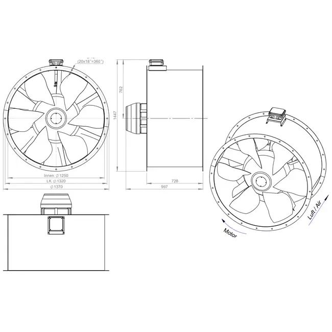 Axialer 1250 mm Kanalventilator Abgas F400 - AL 1250 D6 F4 02 CFG