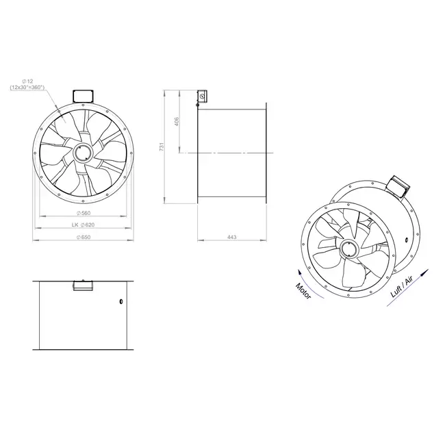 Axialer 560-mm-Rauchgasventilator F400 - AL 560 D4 F4 01 CFG