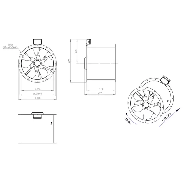 Axialer 500-mm-Rauchgasventilator F300- AL 500 D42U F3 02 CFG