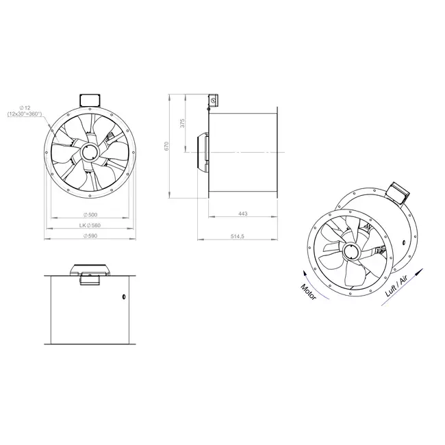 Axialer 500-mm-Rauchgasventilator F400 - AL 500 D2 F4 03 CFG