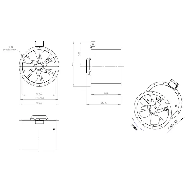Axialer 500-mm-Rauchgasventilator F300- AL 500 D2 F3 03 CFG