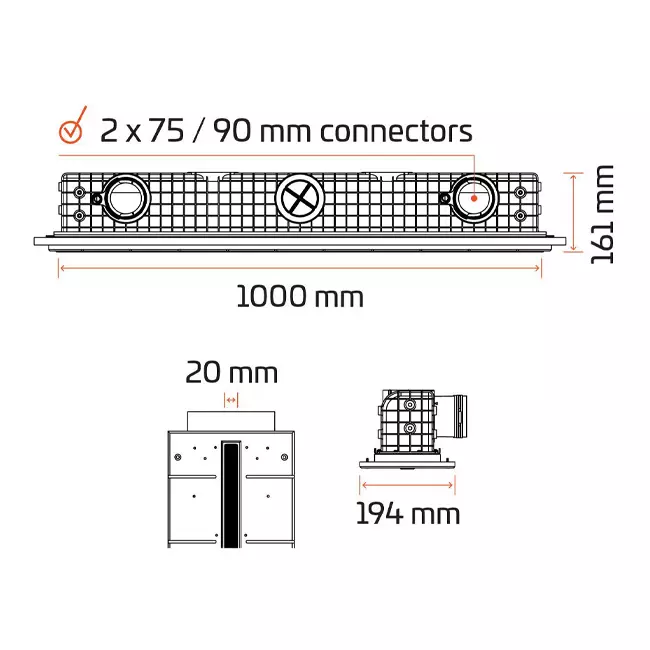 Ergovent verputzbarer rahmenloser Schlitzdurchlass 1000 mm mit Anschlussdurchmesser 75 mm – Profil