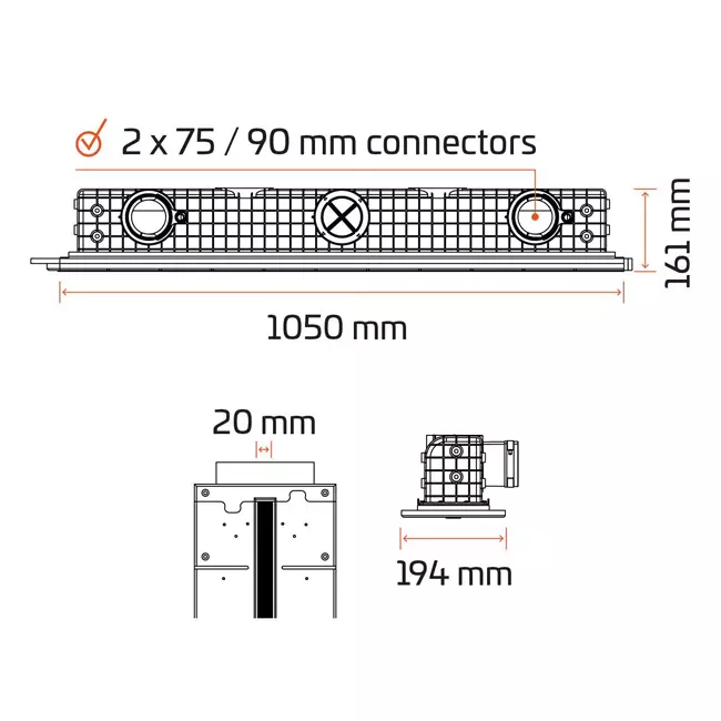 Ergovent verputzbarer rahmenloser Schlitzdurchlass 1050 mm mit Anschlussdurchmesser 75 mm - Modular - 1 Schlitz