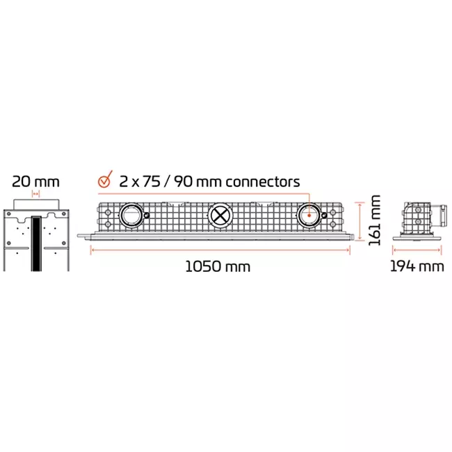 Ergovent verputzbarer rahmenloser Schlitzdurchlass 1050 mm mit Anschlussdurchmesser 90 mm - Modular - 1 Schlitz